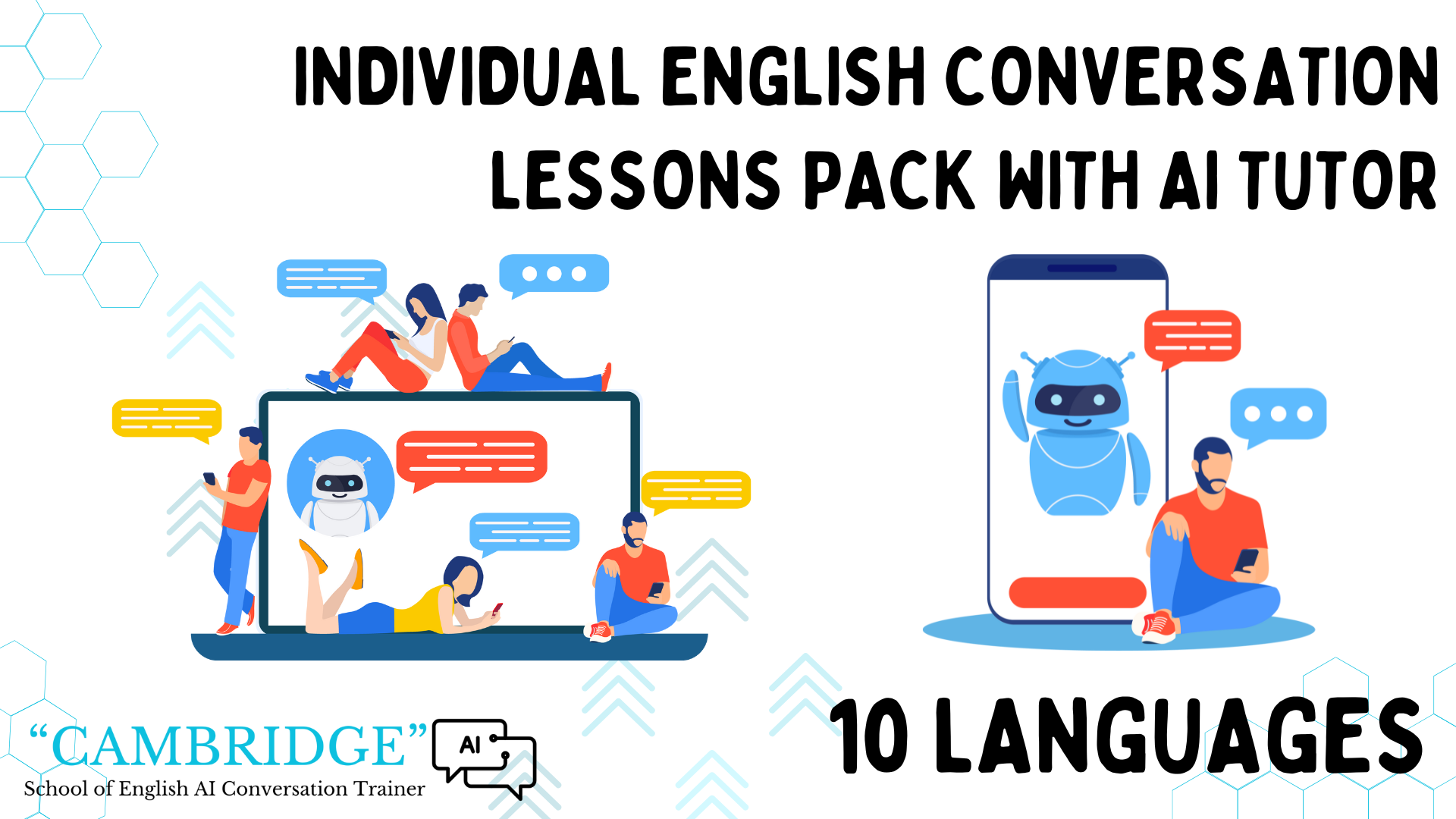 Individual English conversation lessons pack with AI Tutors – 10 languages to choose from