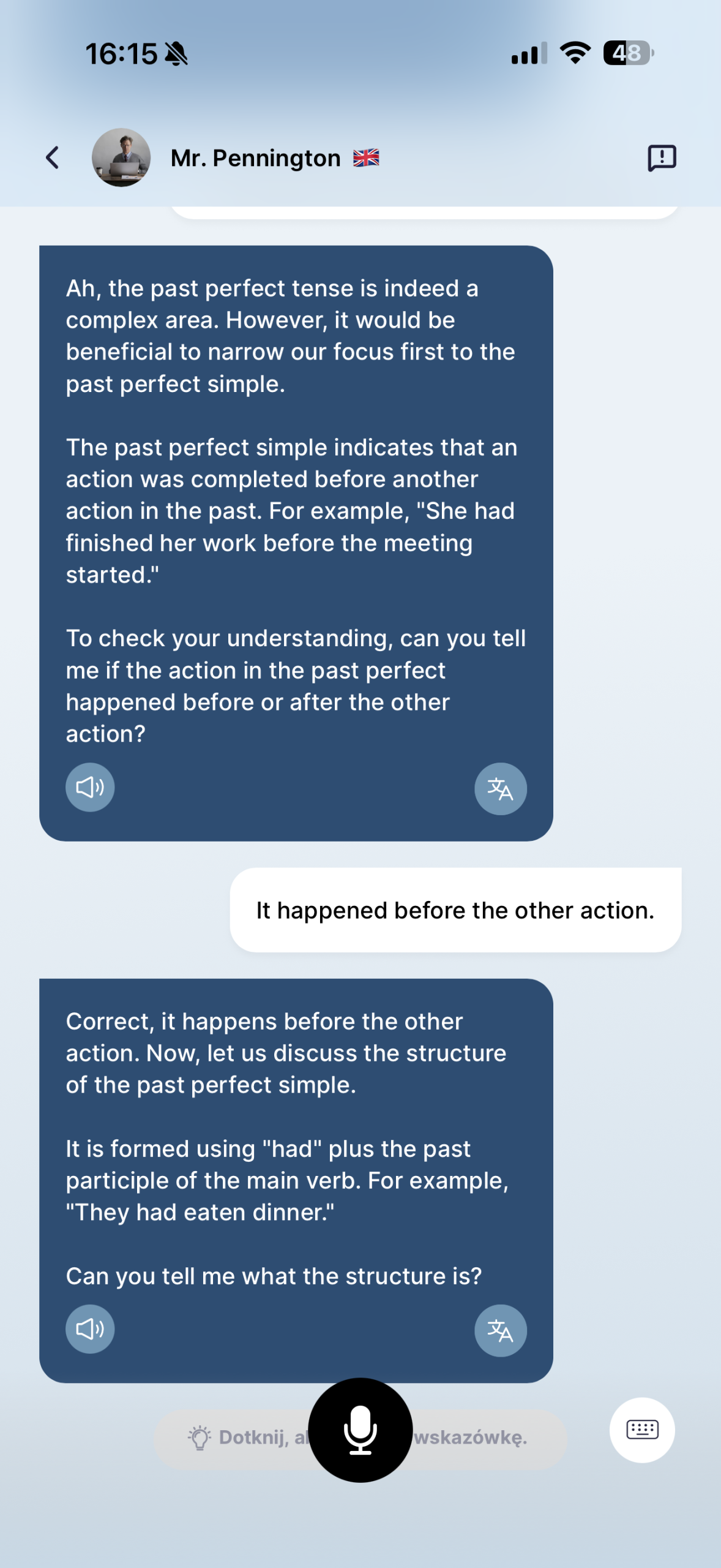 CAI Language Coach mobile app screen